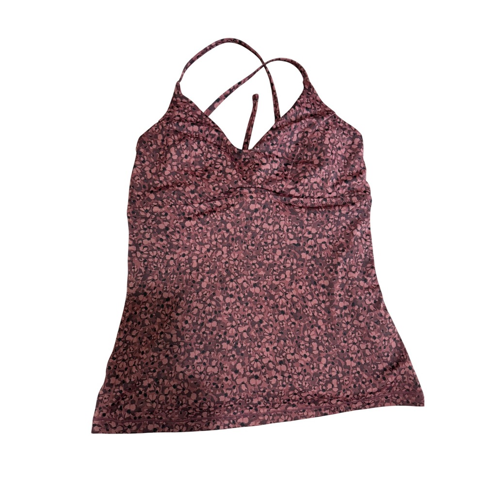 Athleta Triangle Tankini Top Burgundy Floral Strappy Lace Up Back Swimwear L